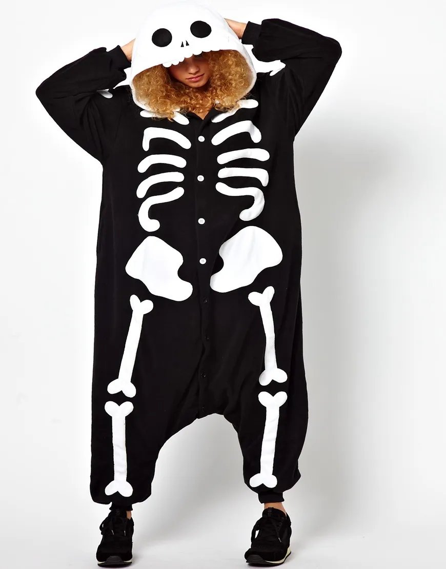 Skelet Onesie Botten Pak Halloween Kostuum Zwart Wit Skull